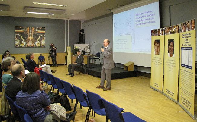 32 IoE3.JPG - Dr Travis lectures at Cambridge University on the value of adding Transcendental Meditation to daily life.  He demonstrated that strengthening brain circuits automatically increases full comprehension and alertness, inner stability, and happiness in any situation.